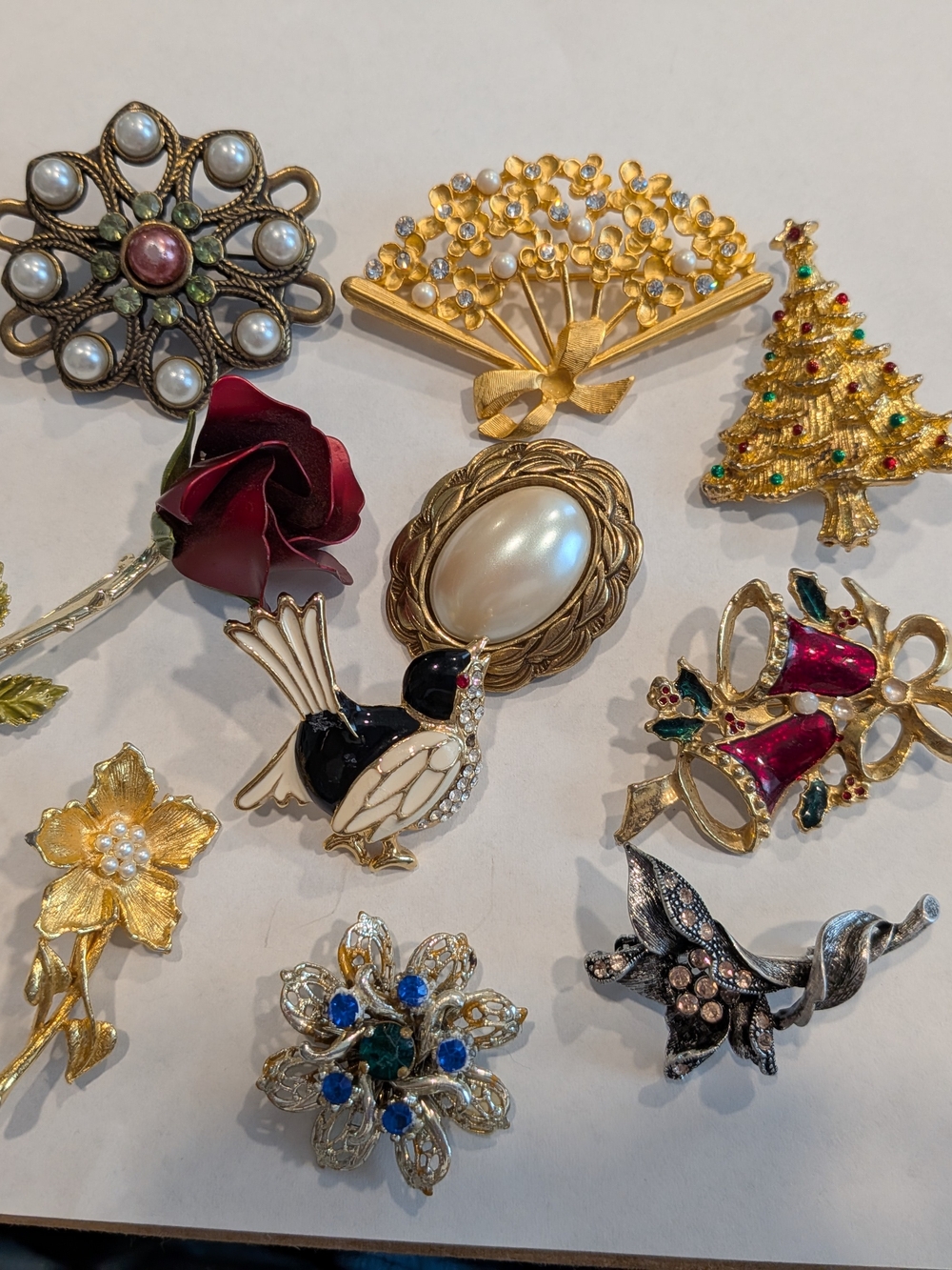Gold-Tone Pearl & Enamel Bird Brooch - Women Jewelry Set Of 10